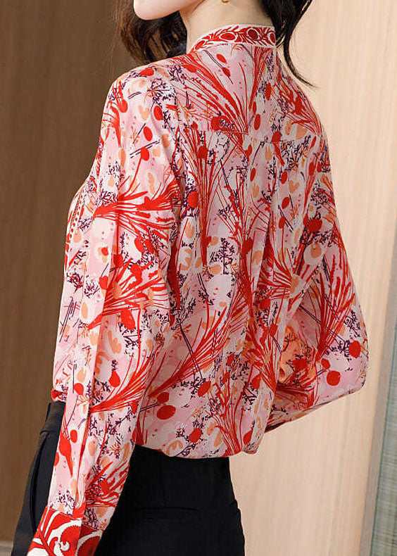 Fine Red Stand Collar Print Patchwork Silk Shirt Top Spring LY0402