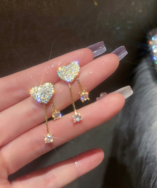 Fine Silk Love Heart Copper Zircon Tassel Stud Earrings LY1797