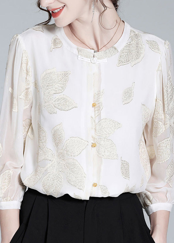 Fine White O-Neck Embroideried Print Button Silk Top AC3033