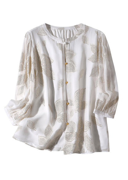 Fine White O-Neck Embroideried Print Button Silk Top Spring LY0727