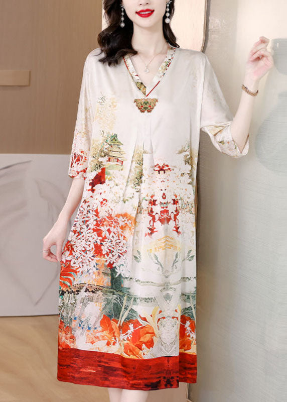 Fine White V Neck Print Side Open Silk Maxi Dress Half Sleeve TH1002