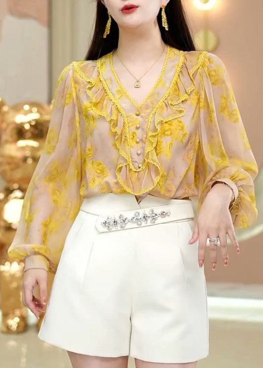 Fine Yellow V Neck Ruffled Print Chiffon Top Spring LC0252