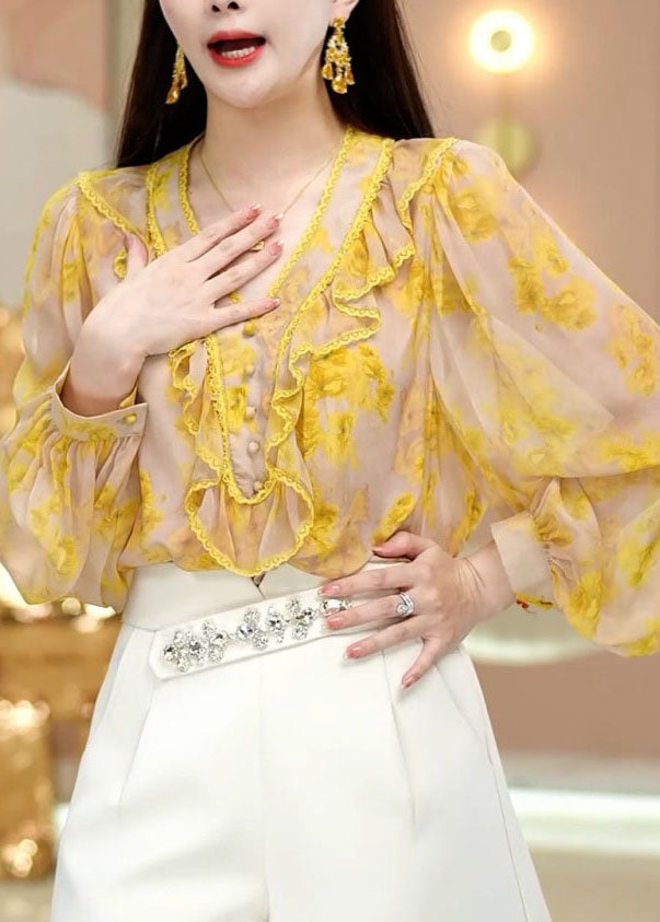 Fine Yellow V Neck Ruffled Print Chiffon Top Spring LC0252