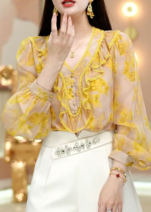 Fine Yellow V Neck Ruffled Print Chiffon Top Spring LC0252