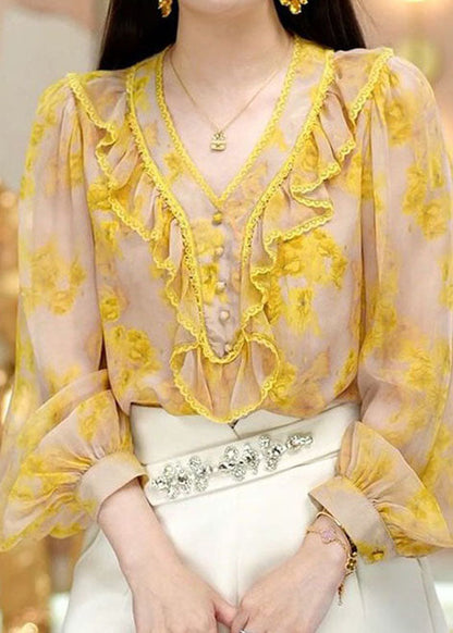 Fine Yellow V Neck Ruffled Print Chiffon Top Spring LC0252