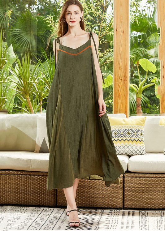 Fitted Army Green Oversized Patchwork Cotton Beach Dress Summer LY0245