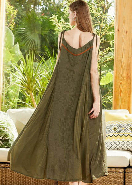 Fitted Army Green Oversized Patchwork Cotton Beach Dress Summer LY0245