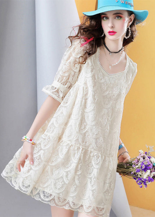 Fitted Beige Square Collar Nail bead Patchwork Lace Mid Dress Petal Sleeve LC0250