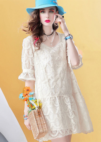 Fitted Beige Square Collar Nail bead Patchwork Lace Mid Dress Petal Sleeve LC0250