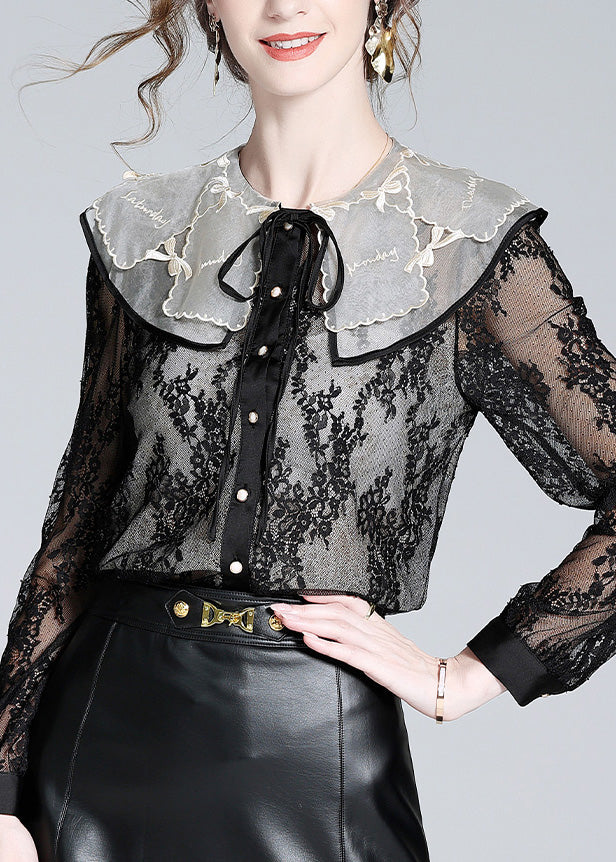 Fitted Black Peter Pan Collar Lace Patchwork Neck Tie Silk Tops Long Sleeve LY0714