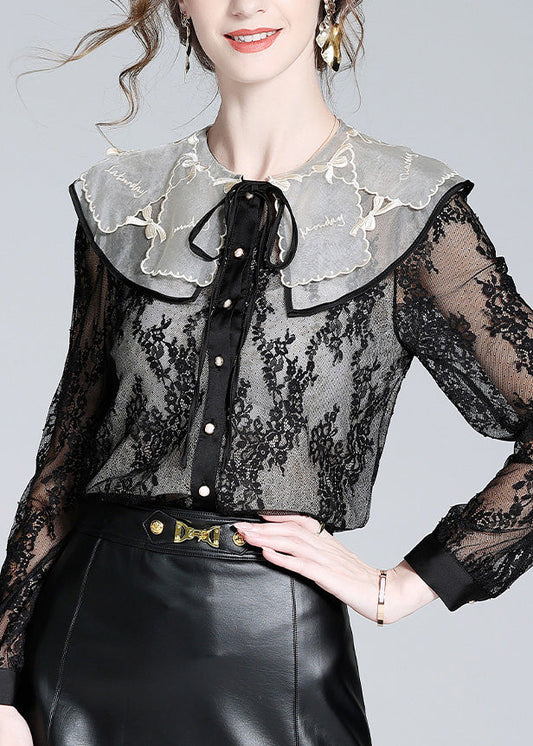 Fitted Black Peter Pan Collar Lace Patchwork Neck Tie Silk Tops Long Sleeve AC3020