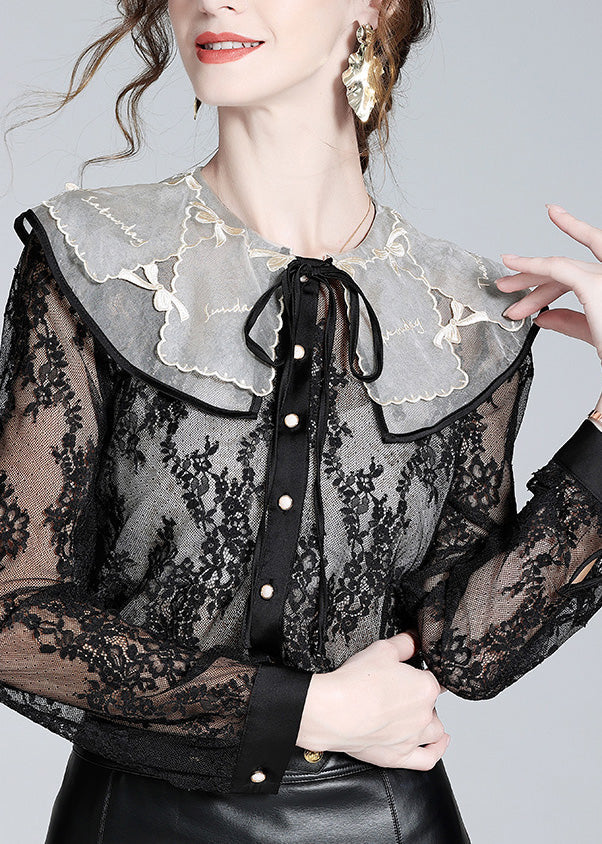 Fitted Black Peter Pan Collar Lace Patchwork Neck Tie Silk Tops Long Sleeve AC3020