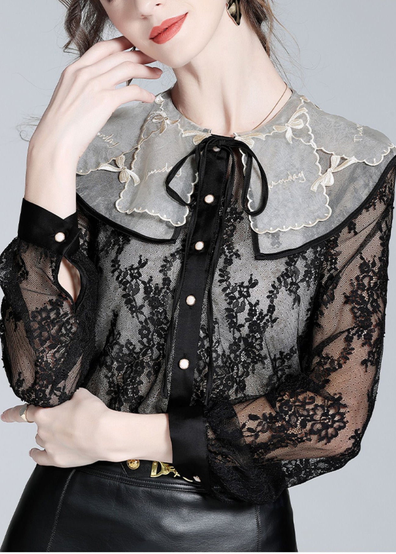 Fitted Black Peter Pan Collar Lace Patchwork Neck Tie Silk Tops Long Sleeve LY0714