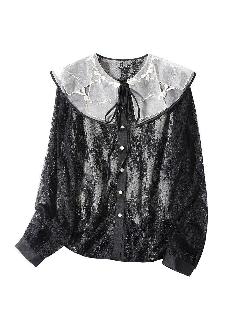 Fitted Black Peter Pan Collar Lace Patchwork Neck Tie Silk Tops Long Sleeve LY0714