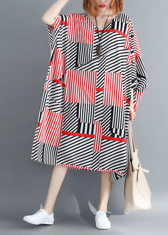 Fitted Black Red Striped Oversized Chiffon Maxi Dresses Batwing Sleeve LY1535