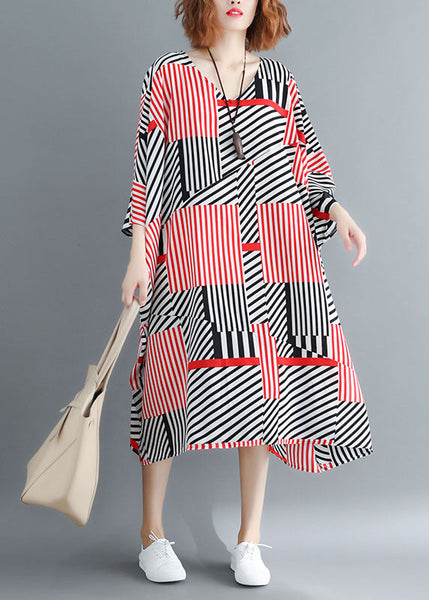 Fitted Black Red Striped Oversized Chiffon Maxi Dresses Batwing Sleeve LY1535