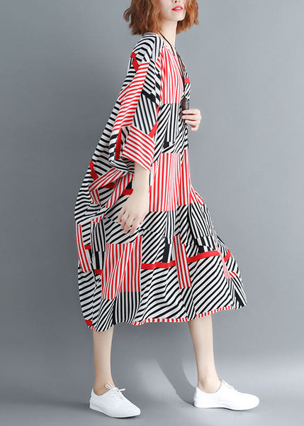 Fitted Black Red Striped Oversized Chiffon Maxi Dresses Batwing Sleeve LY1535