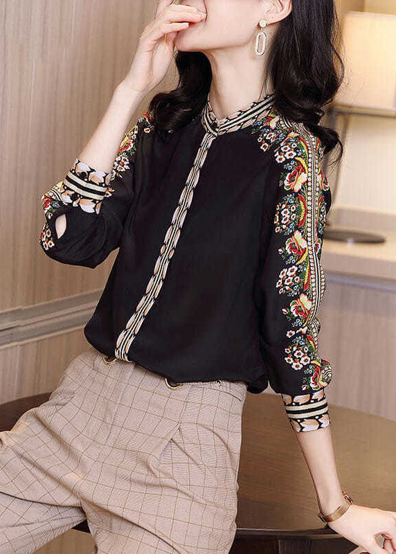 Fitted Black Stand Collar Patchwork Print Silk Shirt Spring LY0372