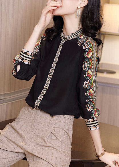Fitted Black Stand Collar Patchwork Print Silk Shirt Spring LY0372