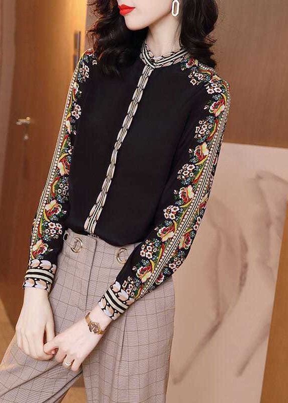 Fitted Black Stand Collar Patchwork Print Silk Shirt Spring LY0372