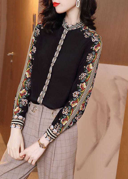 Fitted Black Stand Collar Patchwork Print Silk Shirt Spring LY0372