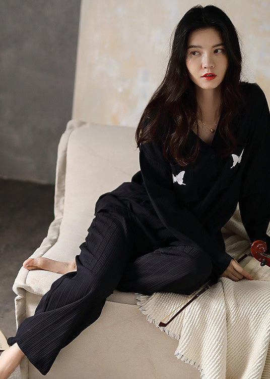 Fitted Black V Neck Butterfly Embroideried Cotton Pajamas Two Pieces Set Long Sleeve LY1886