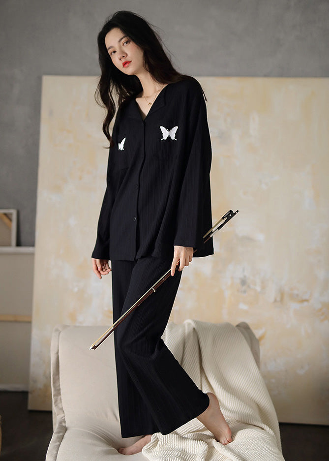 Fitted Black V Neck Butterfly Embroideried Cotton Pajamas Two Pieces Set Long Sleeve LY1886