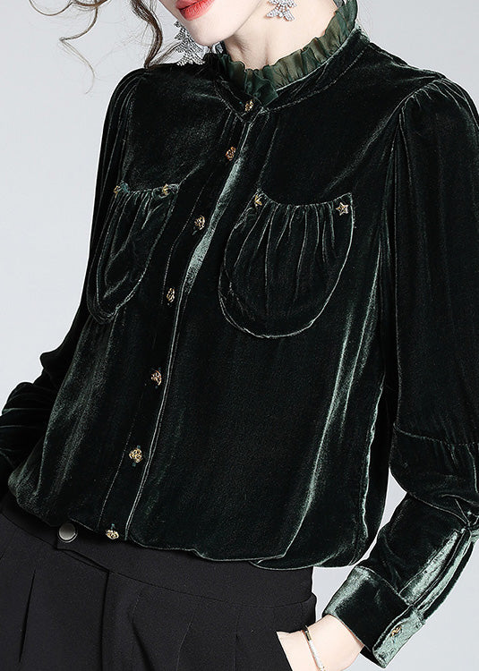 Fitted Blackish Green Stand Collar Button Velour Shirts Long Sleeve LY0099