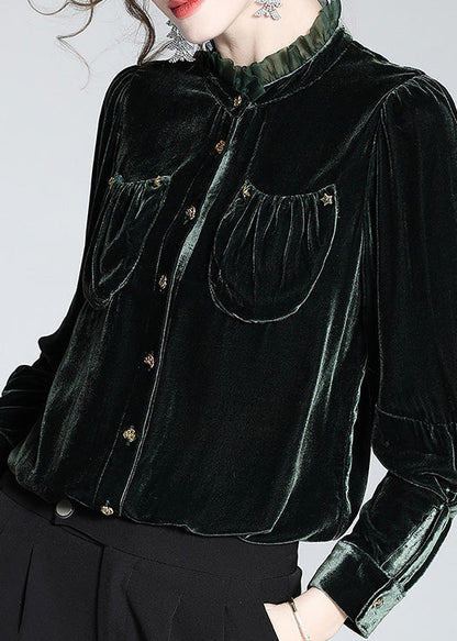 Fitted Blackish Green Stand Collar Button Velour Shirts Long Sleeve LY0099