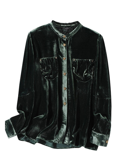 Fitted Blackish Green Stand Collar Button Velour Shirts Long Sleeve LY0099