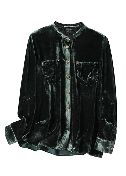 Fitted Blackish Green Stand Collar Button Velour Shirts Long Sleeve LY0099