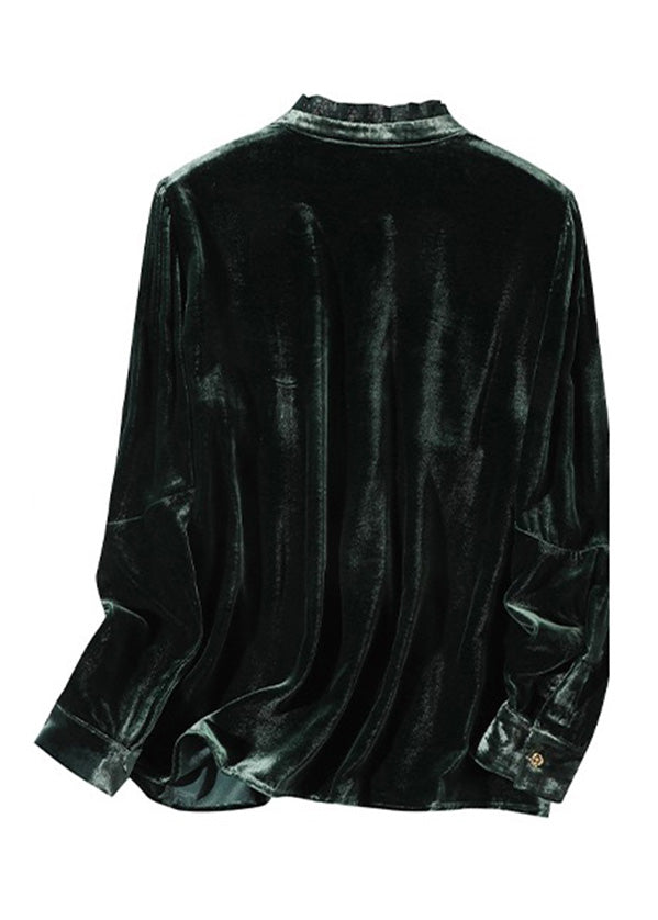 Fitted Blackish Green Stand Collar Button Velour Shirts Long Sleeve LY0099