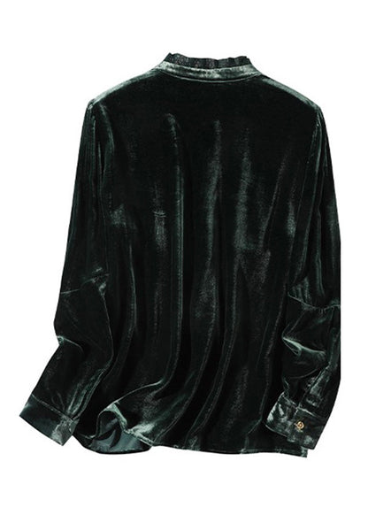 Fitted Blackish Green Stand Collar Button Velour Shirts Long Sleeve LY0099