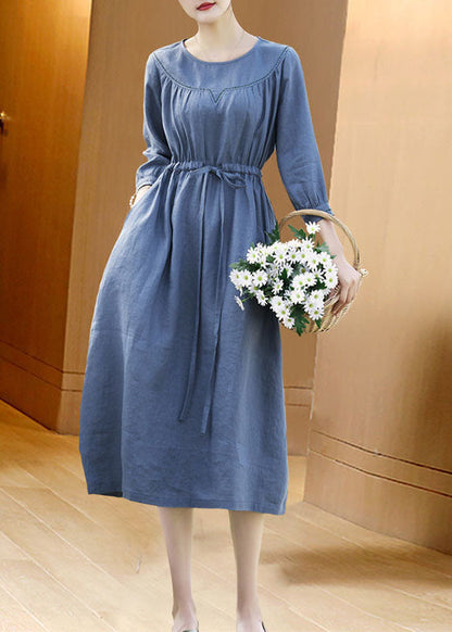 Fitted Blue O-Neck Tie Waist Linen Vacation Dresses Bracelet Sleeve AC2008