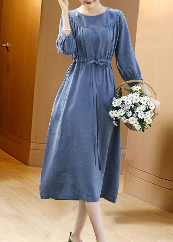 Fitted Blue O-Neck Tie Waist Linen Vacation Dresses Bracelet Sleeve AC2008