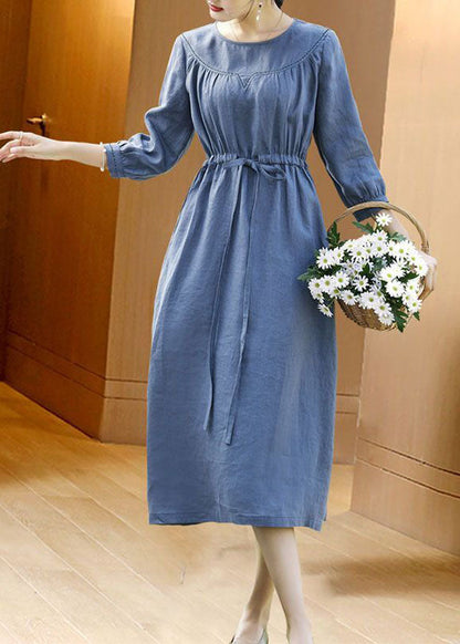 Fitted Blue O-Neck Tie Waist Linen Vacation Dresses Bracelet Sleeve AC2008