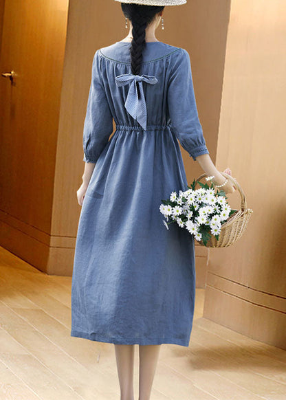 Fitted Blue O-Neck Tie Waist Linen Vacation Dresses Bracelet Sleeve AC2008