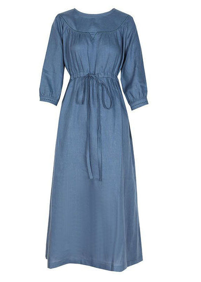 Fitted Blue O-Neck Tie Waist Linen Vacation Dresses Bracelet Sleeve AC2008