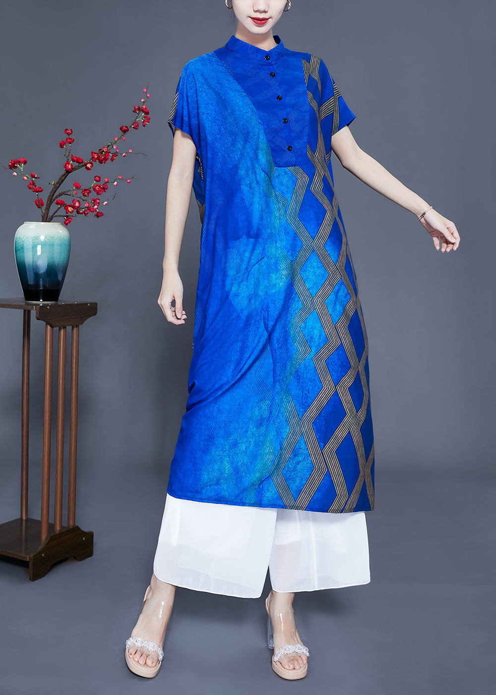 Fitted Blue Stand Collar Tie Dye Silk Maxi Dresses Summer LY0934