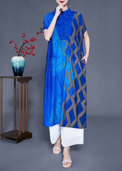 Fitted Blue Stand Collar Tie Dye Silk Maxi Dresses Summer LY0934