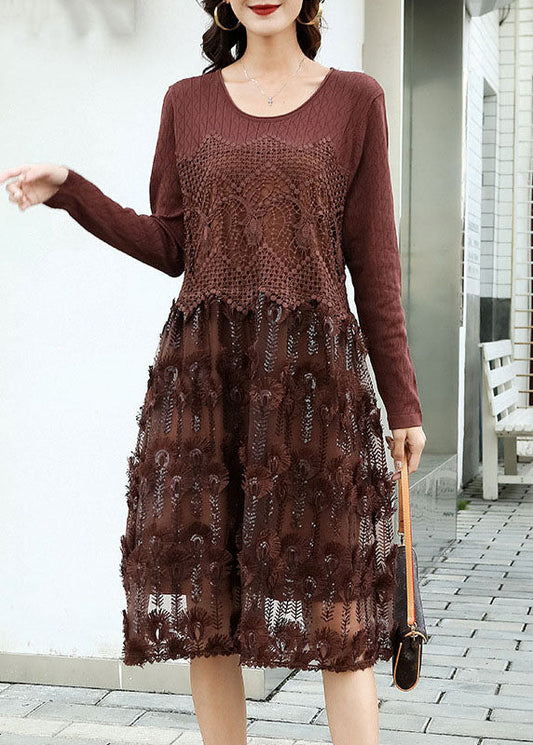 Fitted Coffee Embroideried Patchwork Knit Dresses Spring LY0009