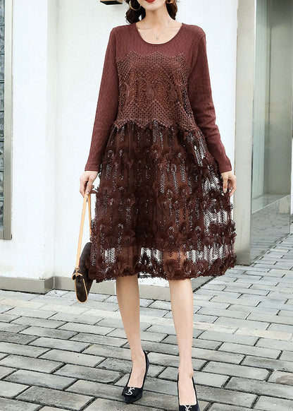 Fitted Coffee Embroideried Patchwork Knit Dresses Spring LY0009