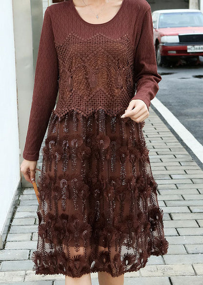 Fitted Coffee Embroideried Patchwork Knit Dresses Spring LY0009