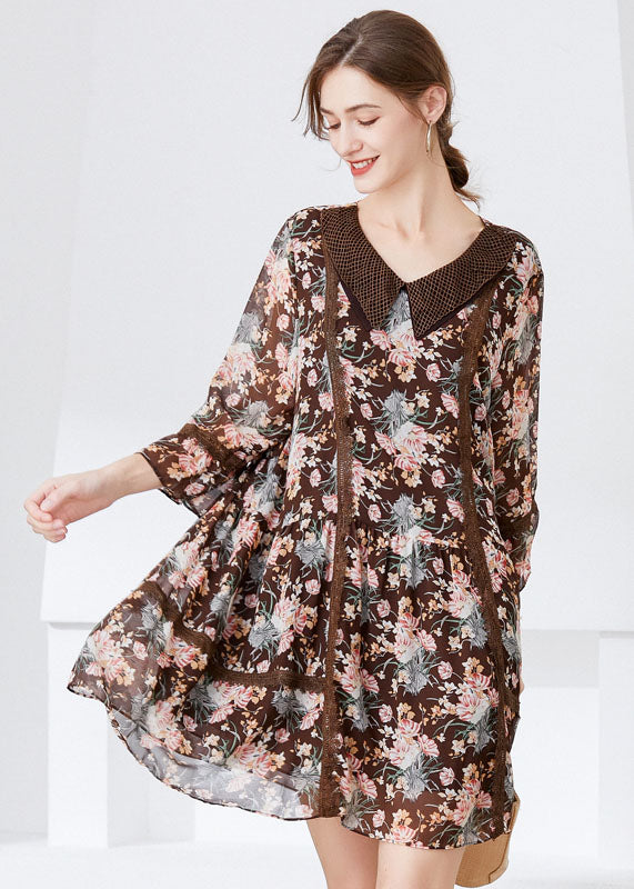 Fitted Coffee Peter Pan Collar Patchwork Print Chiffon Dresses Bracelet Sleeve LY0257