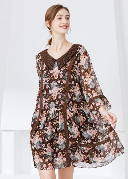 Fitted Coffee Peter Pan Collar Patchwork Print Chiffon Dresses Bracelet Sleeve LY0257