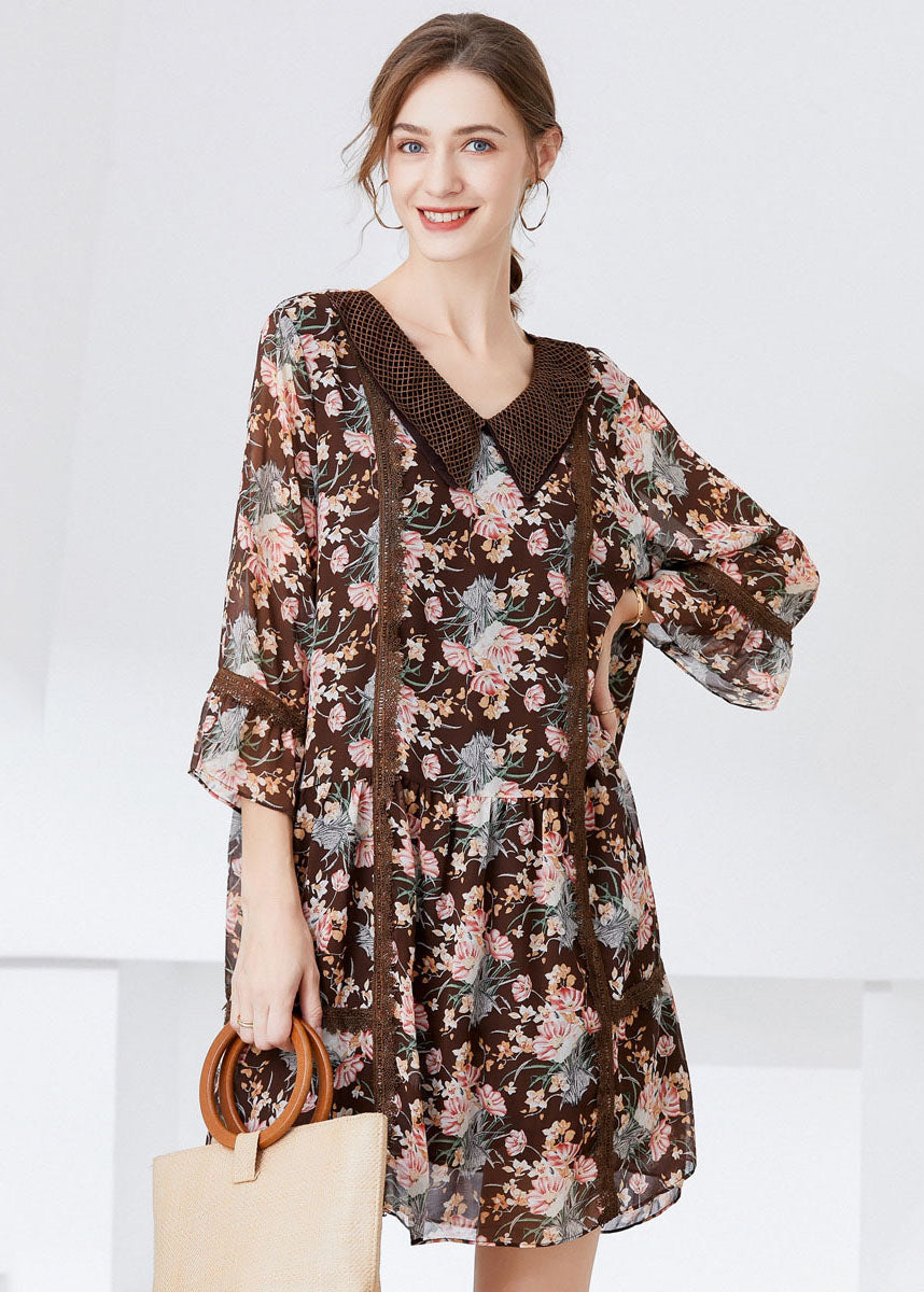 Fitted Coffee Peter Pan Collar Patchwork Print Chiffon Dresses Bracelet Sleeve LY0257