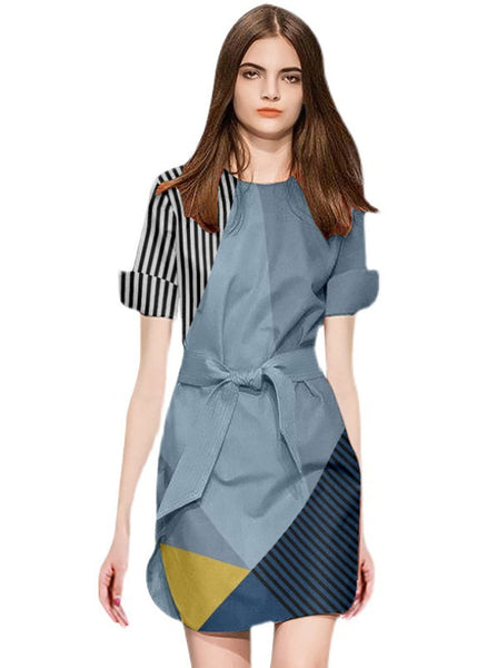 Fitted Colorblock Asymmetrical Patchwork Cotton Cinched Dresses Summer LY0307