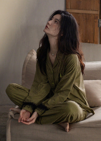 Fitted Green Notched Plaid Button Cotton Pajamas Two Pieces Set Spring LY1894