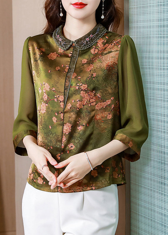 Fitted Green Peter Pan Collar Print Silk Blouse Tops Bracelet Sleeve LY0455