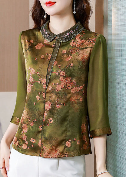 Fitted Green Peter Pan Collar Print Silk Blouse Tops Bracelet Sleeve LY0455